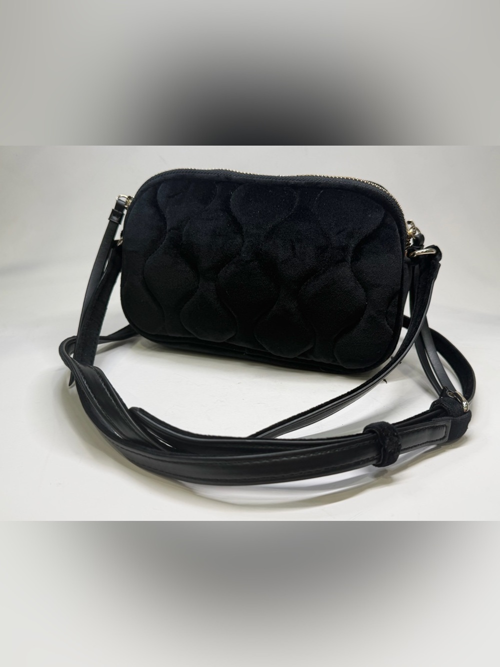 Banana Republic Black Quilted Velvet Crossbody Bag with Gold Chain Strap